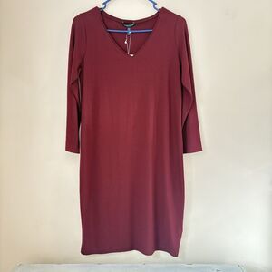 Eileen Fisher Extra Small Viscose Jersey Dress V-Neck Shift Claret NWT USA
